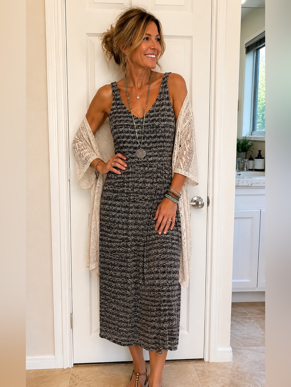 M.K.M. Stretch XL Black Gray Geometric Sleeveless Midi/Maxi Dress Made in Israel